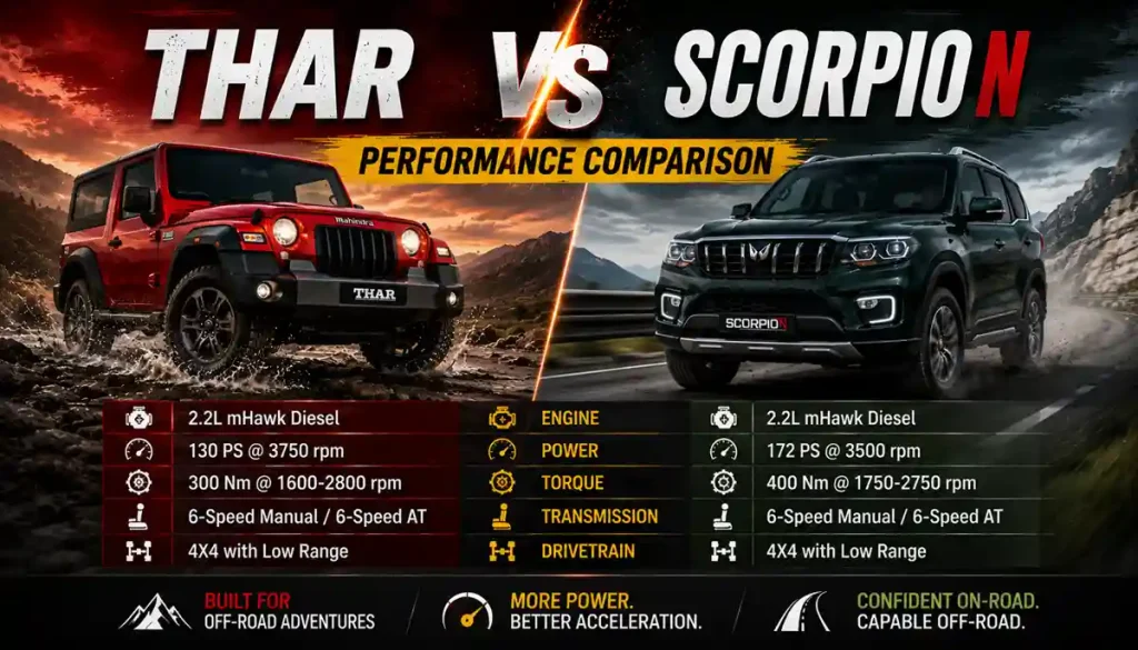Thar vs Scorpio N: 7 Brilliant Differences That Actually Matter (2026) 4 Thar vs Scorpio N Performance Comparison