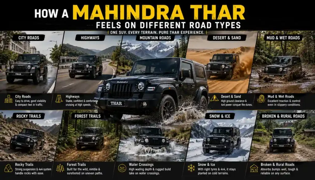 How a Mahindra Thar Feels on Different Road Types: Complete Driving Experience Guide 2 How a Mahindra Thar Feels on Different Road Types