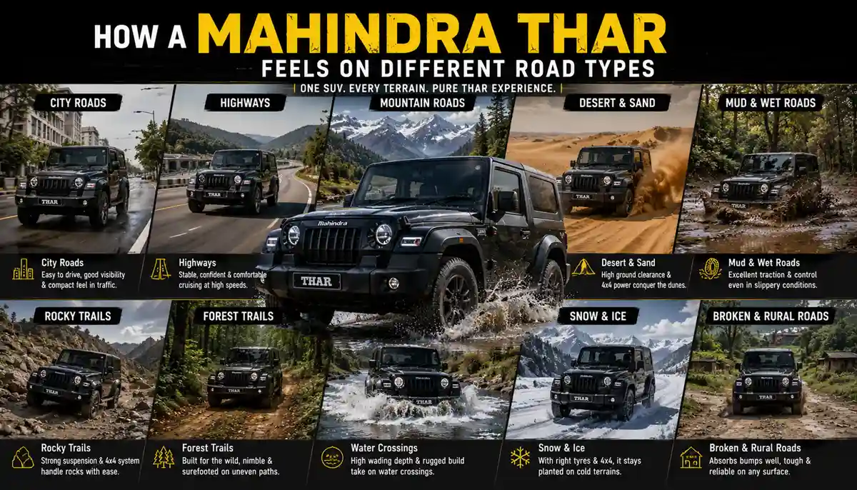 How a Mahindra Thar Feels on Different Road Types: Complete Driving Experience Guide 1 How a Mahindra Thar Feels on Different Road Types