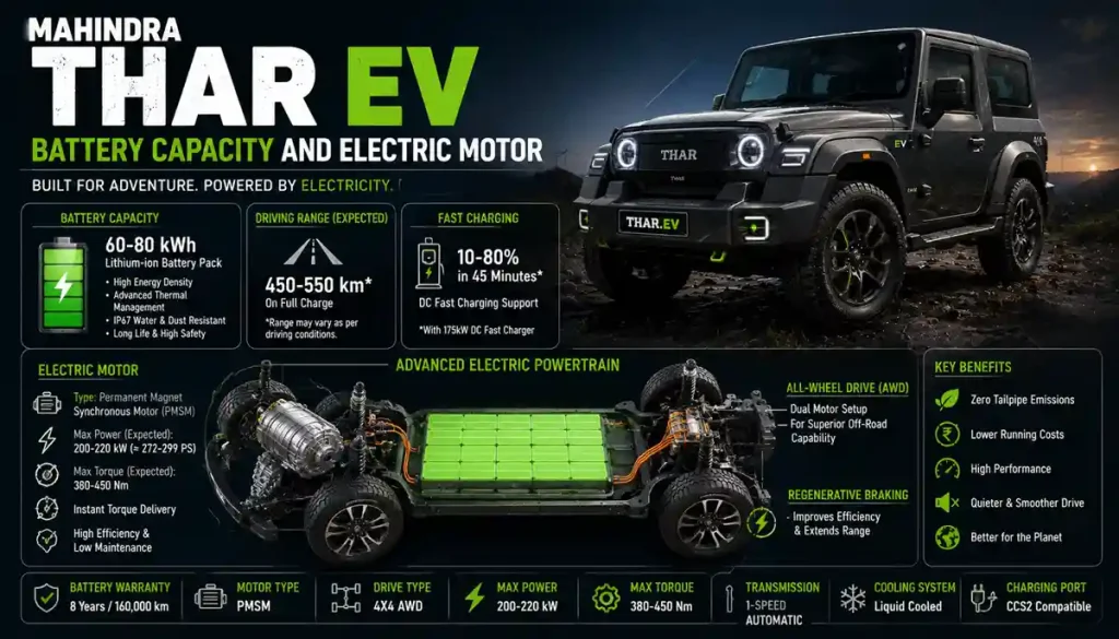Mahindra Thar EV Battery Capacity and Electric Motor