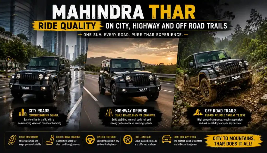 How a Mahindra Thar Feels on Different Road Types: Complete Driving Experience Guide 3 Mahindra Thar Ride Quality on City, Highway and Off Road Trails