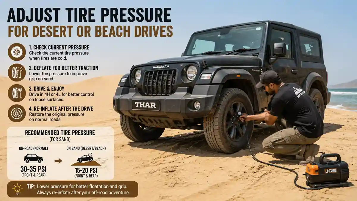 15 Weekend Adventure Ideas for Thar Owners 3 Adjusting Thar tire pressure before a desert or beach drive