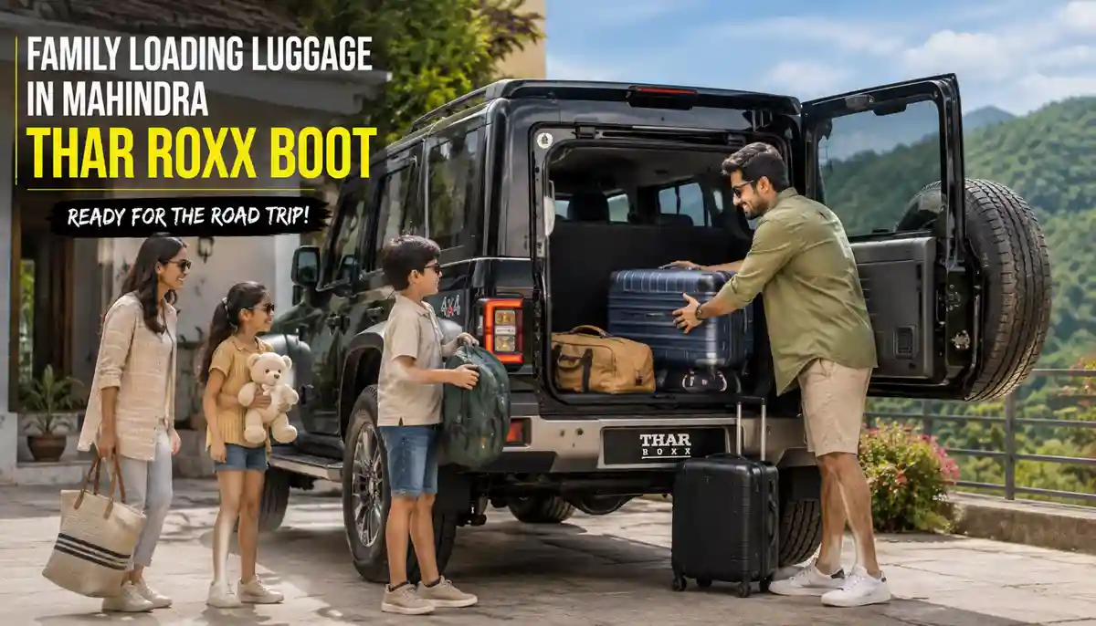 Can a Family of Five Travel Comfortably in a Thar? An Honest Review 2 Family loading luggage into Mahindra Thar Roxx boot for road trip