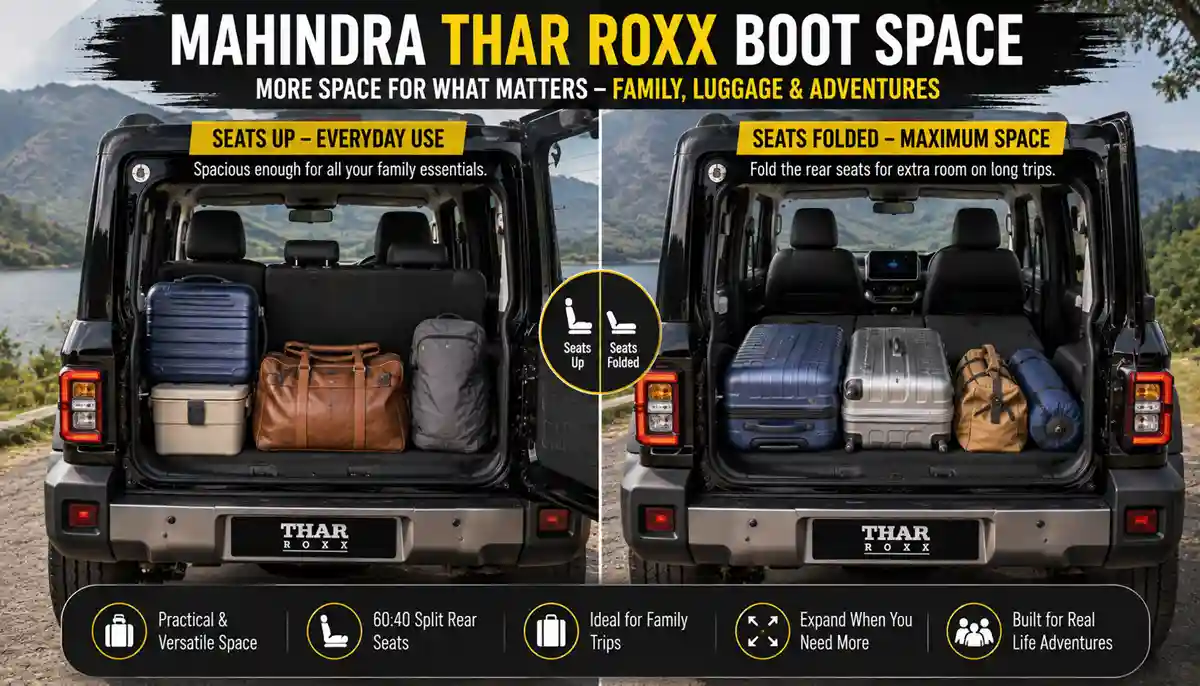 Can a Family of Five Travel Comfortably in a Thar? An Honest Review 5 Mahindra Thar Roxx boot space with family luggage, seats up and folded