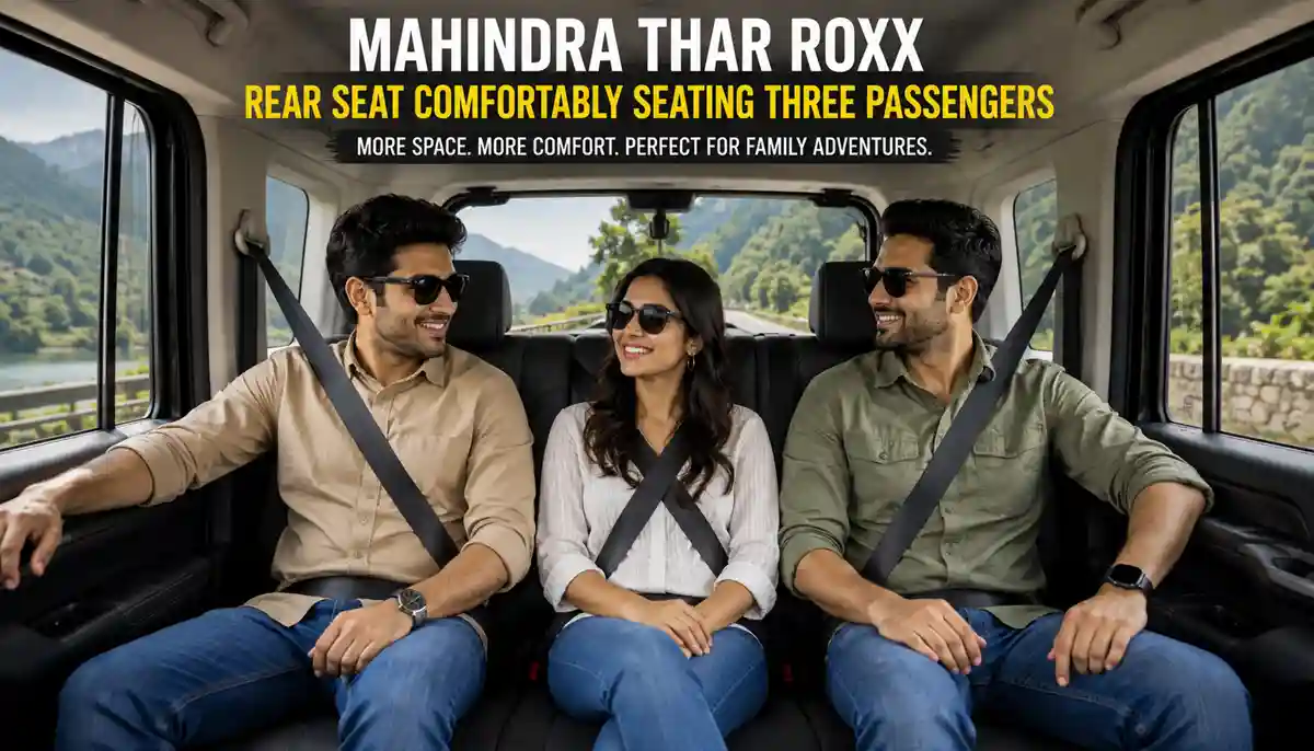 Can a Family of Five Travel Comfortably in a Thar? An Honest Review 4 Mahindra Thar Roxx rear seat comfortably seating three passengers