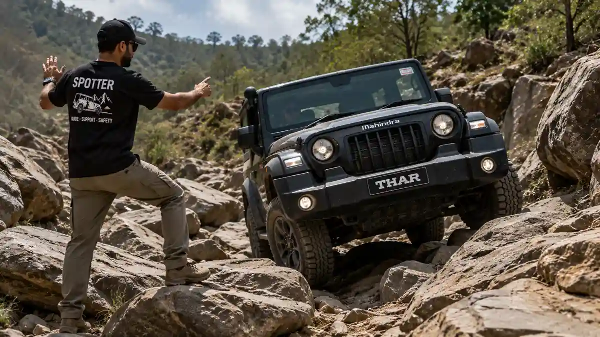 15 Weekend Adventure Ideas for Thar Owners 4 Spotter guiding a Thar during a rock-crawling adventure