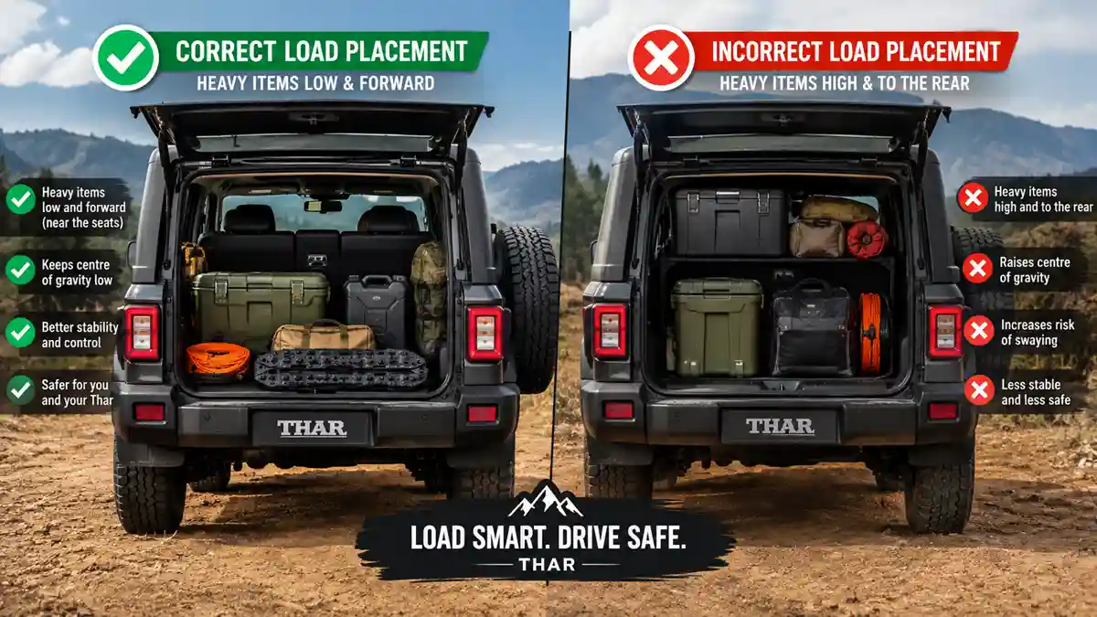 Smart Ways to Organize Storage Inside a Thar: A Practical Owner's Guide 6 Correct and incorrect cargo loading in a Thar showing heavy items placed low and forward