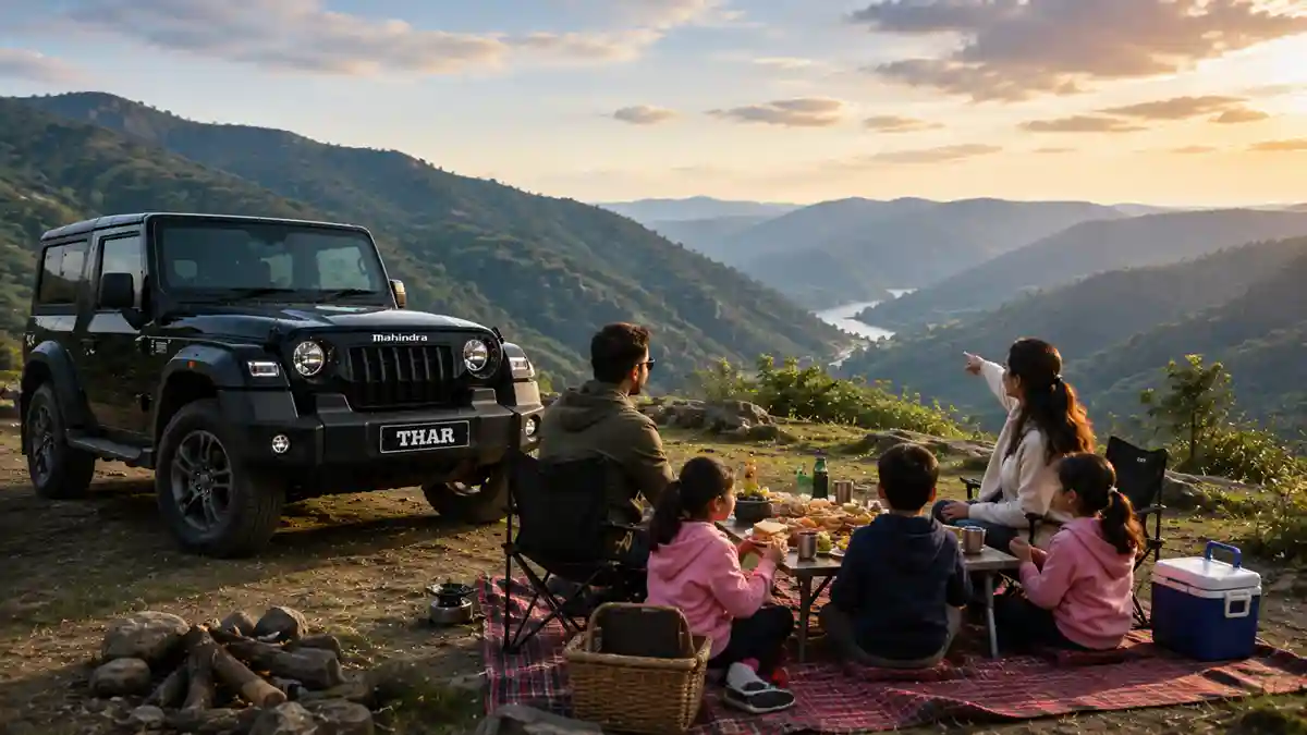 Best Picnic Destinations for Thar Drivers: Mountains, Lakes, Beaches and Off Road Trails 3 Family picnic setup at a mountain viewpoint reached by Thar