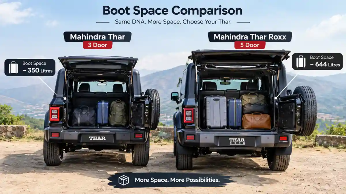 Mahindra Thar 3-door and Thar Roxx with boot open showing luggage space