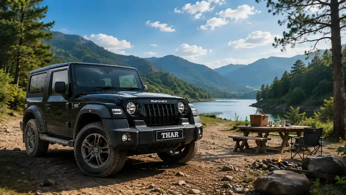 Best Picnic Destinations for Thar Drivers: Mountains, Lakes, Beaches and Off Road Trails 2 Mahindra Thar 4x4 parked on an off-road picnic trail