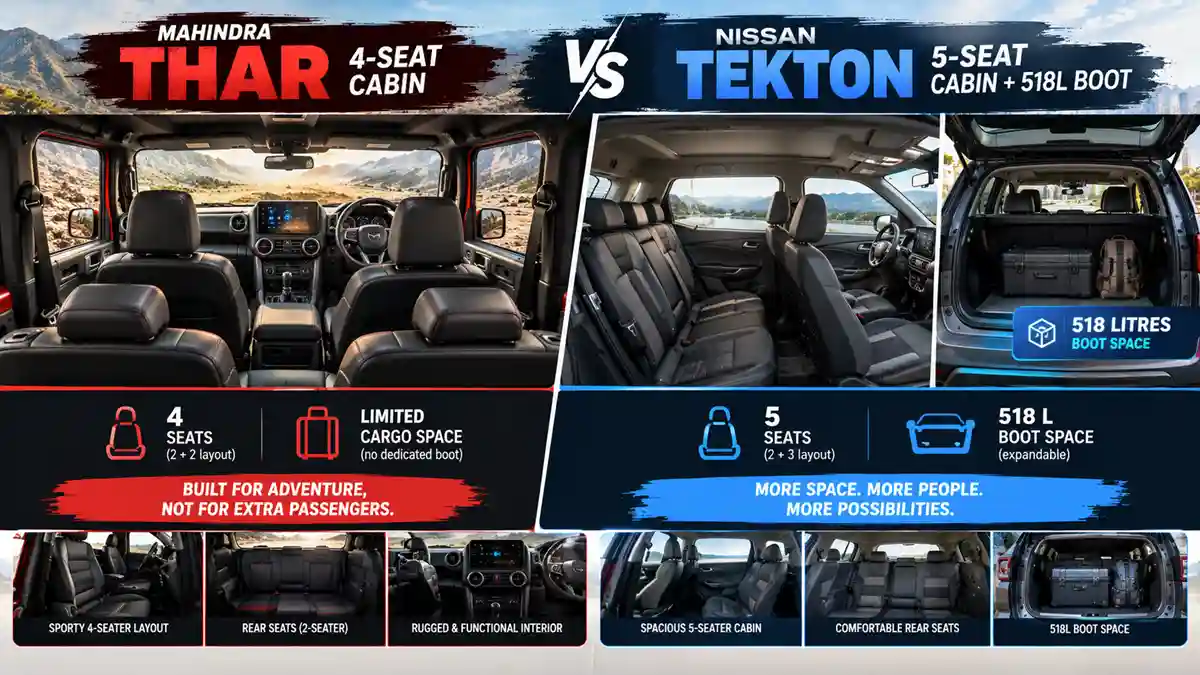Mahindra Thar vs Nissan Tekton: Price, Specs and Which SUV Suits You 5 Mahindra Thar four-seat interior compared with Nissan Tekton cabin and 518-litre boot
