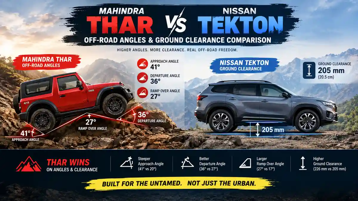 Mahindra Thar vs Nissan Tekton: Price, Specs and Which SUV Suits You 4 Mahindra Thar off-road angles and ground clearance compared to Nissan Tekton