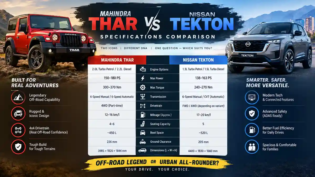 Mahindra Thar vs Nissan Tekton: Price, Specs and Which SUV Suits You 3 Mahindra Thar vs Nissan Tekton specifications comparison chart