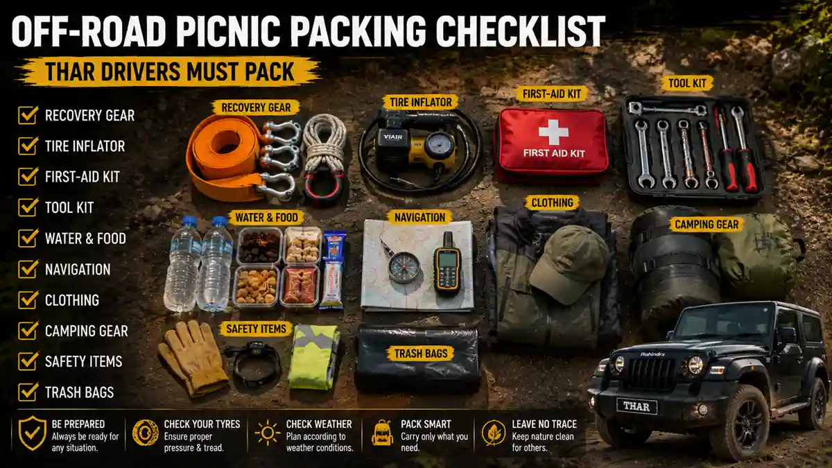 Best Picnic Destinations for Thar Drivers: Mountains, Lakes, Beaches and Off Road Trails 5 Off-road picnic packing checklist: recovery gear, tire inflator, first-aid kit