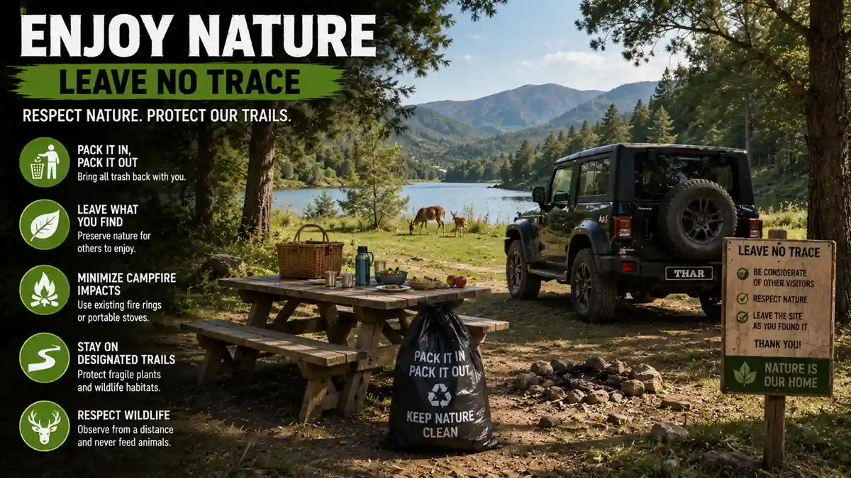 Best Picnic Destinations for Thar Drivers: Mountains, Lakes, Beaches and Off Road Trails 6 Responsible off-road picnic site following Leave No Trace principles