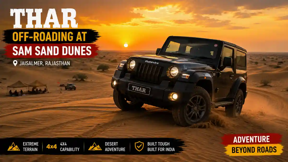 Best Picnic Destinations for Thar Drivers: Mountains, Lakes, Beaches and Off Road Trails 4 Thar SUV off-roading on Sam Sand Dunes near Jaisalmer"