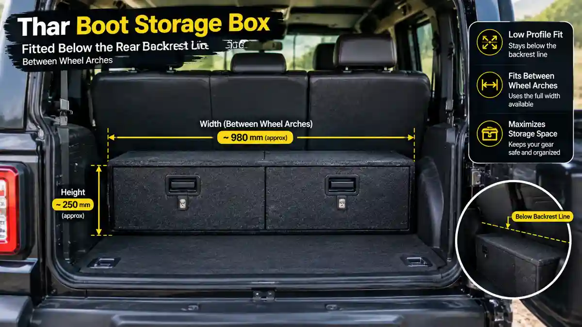 Smart Ways to Organize Storage Inside a Thar: A Practical Owner's Guide 4 Thar boot storage box fitted below the rear backrest line between wheel arches