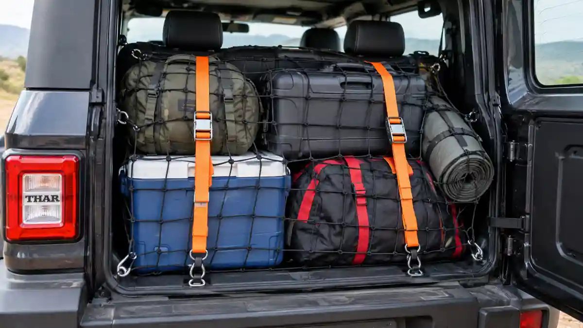Thar boot with luggage secured using cargo net and tie-down straps
