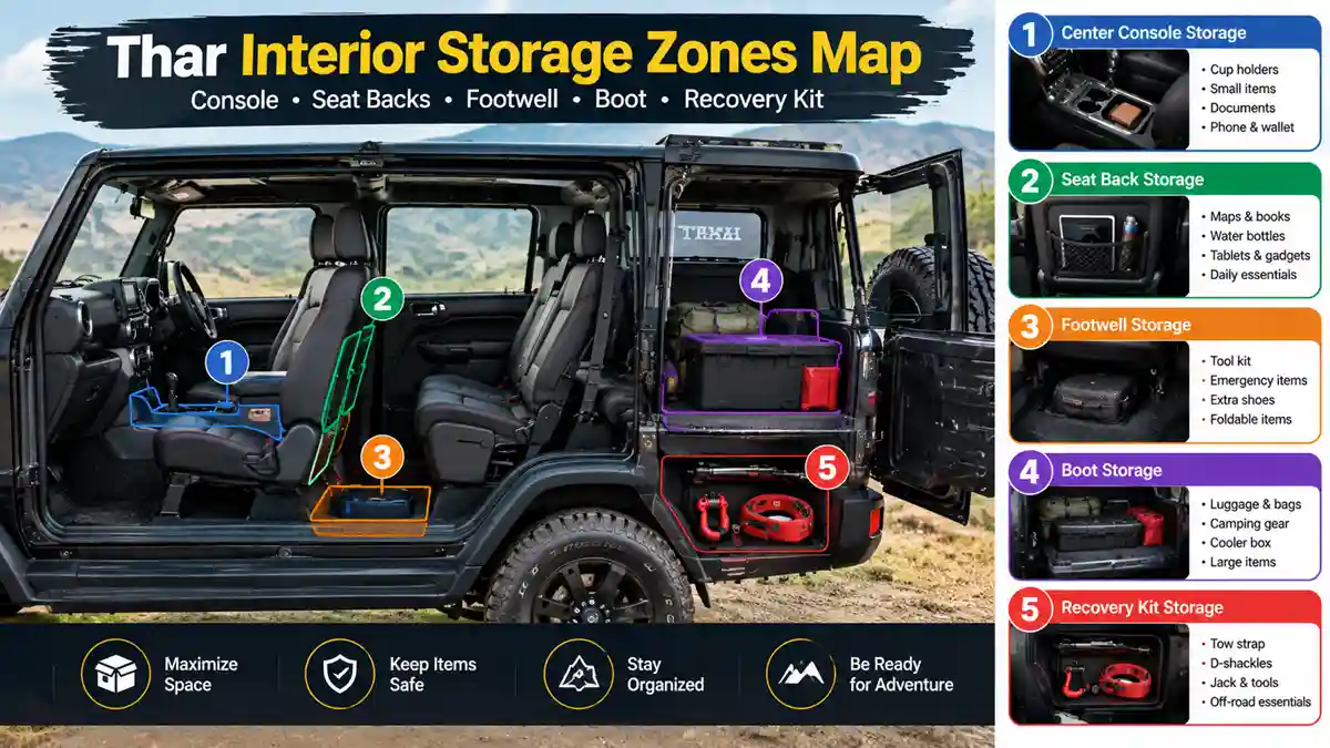 Smart Ways to Organize Storage Inside a Thar: A Practical Owner's Guide 3 Thar interior storage zones map showing console, seat backs, footwell, boot and recovery kit