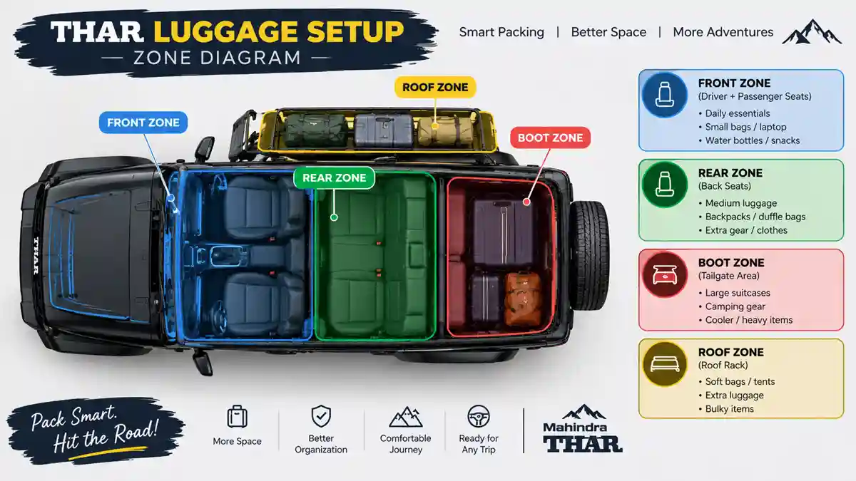 Thar luggage setup zone diagram showing front, rear, boot and roof areas