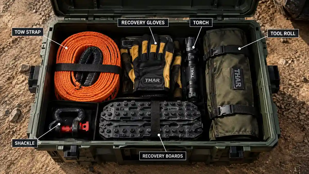 Smart Ways to Organize Storage Inside a Thar: A Practical Owner's Guide 5 Thar recovery gear crate with tow strap, gloves, torch and tool roll organised inside