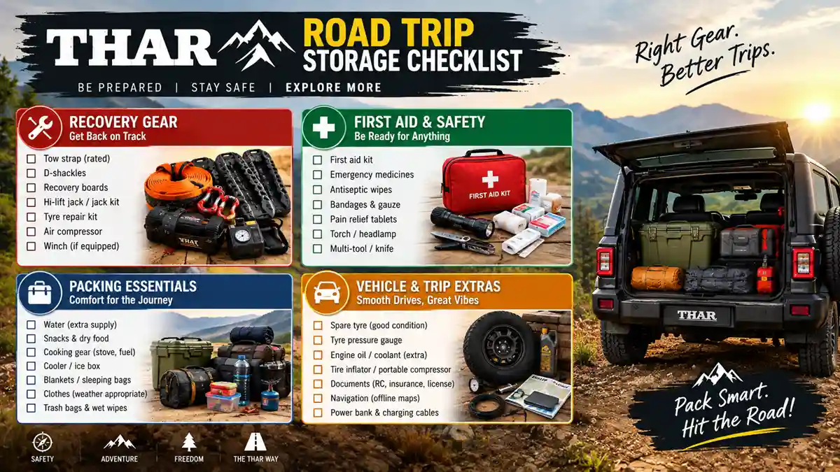 Smart Ways to Organize Storage Inside a Thar: A Practical Owner's Guide 7 Thar road trip storage checklist with recovery, first aid and packing essentials