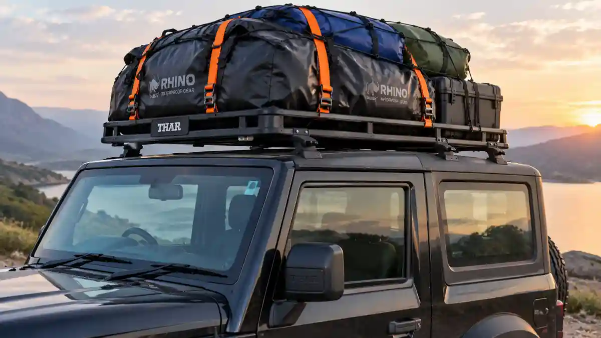 Thar roof carrier with waterproof bags secured for a long trip